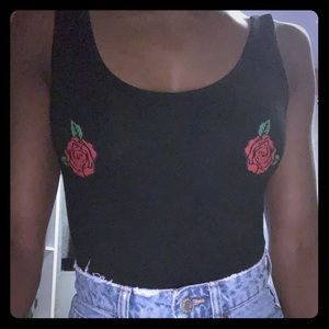Forever21 black with red roses bodysuit